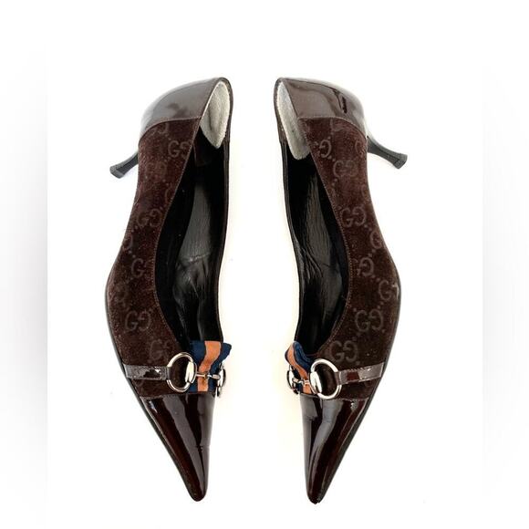 Gucci Horsebit Web Stripe GG Pump Size 8.5 Brown Suede Pointed Toe Kitten Heel - Picture 3 of 10
